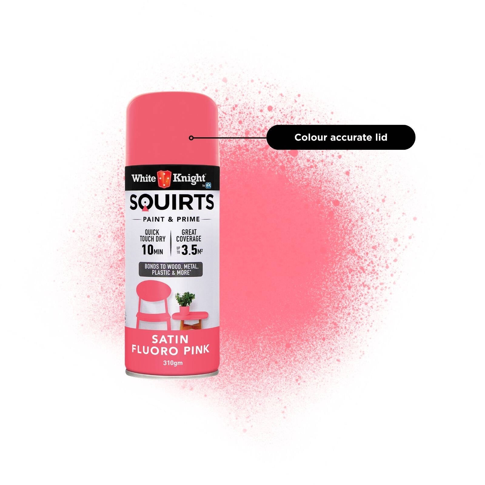 White Knight Squirts Fluoro Pink Satin Spray Paint 310g - Solvent-Based, Waterproof