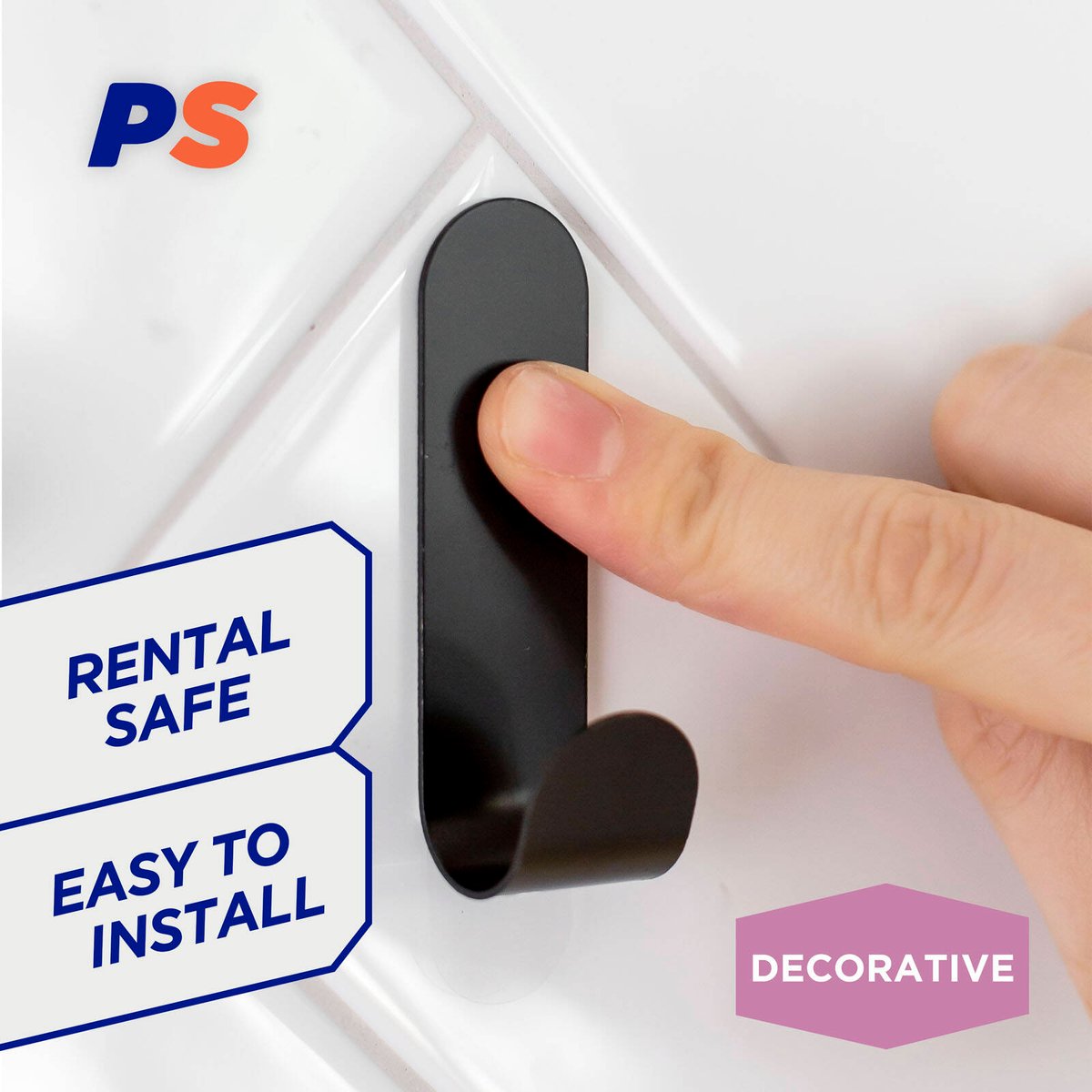 Permastik Medium Matte Black Stainless Steel Adhesive Hooks 3 Pack