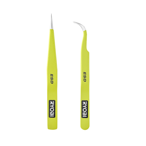 Ryobi Precision Anti-Static Tweezers 2 Pack, Straight & Curved, ESD Coated