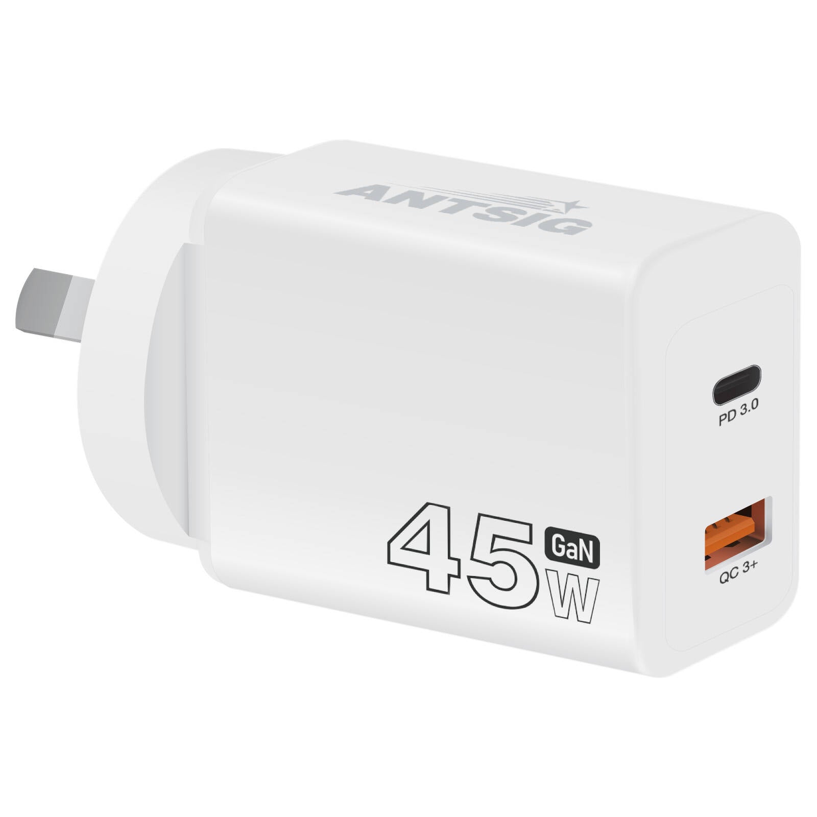 Antsig 45W 2-Port USB GaN Wall Charger APWC45WAC - White, USB-C PD & USB-A