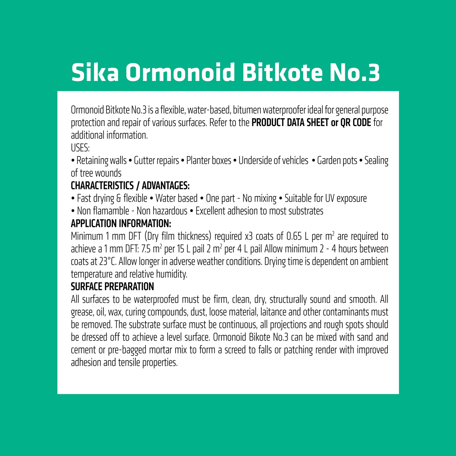 Sika 1L Ormonoid Bitkote No.3 Water-Based Bitumen Waterproof Compound