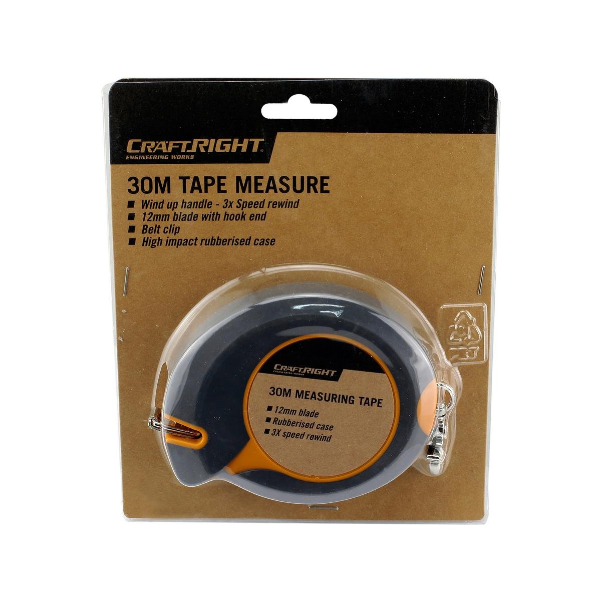 Craftright 30m Steel Tape Measure with Belt Clip