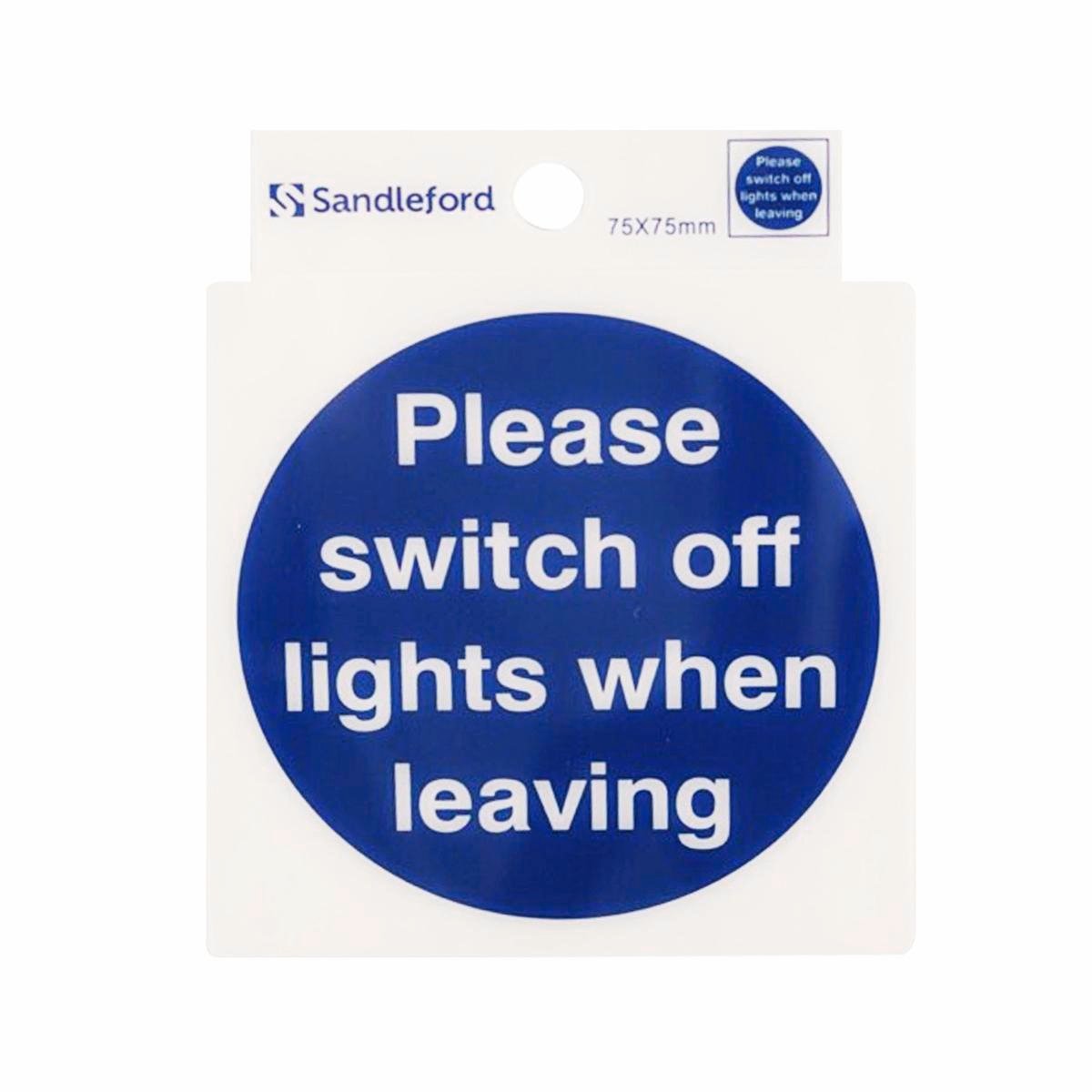 Sandleford 75 x 75mm Please Switch Off Lights Self Adhesive Sign, White/Blue Weather Resistant Polycarbonate