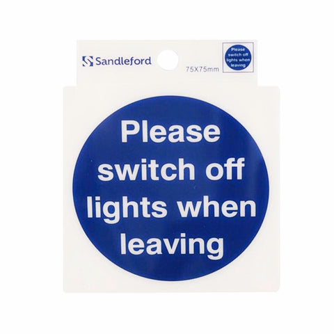Sandleford 75 x 75mm Please Switch Off Lights Self Adhesive Sign, White/Blue Weather Resistant Polycarbonate