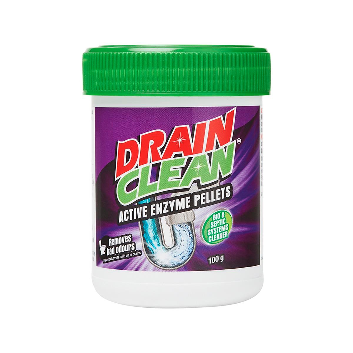 Drain Clean 100g Active Enzyme Pellets, Septic Safe, HDPE Jar