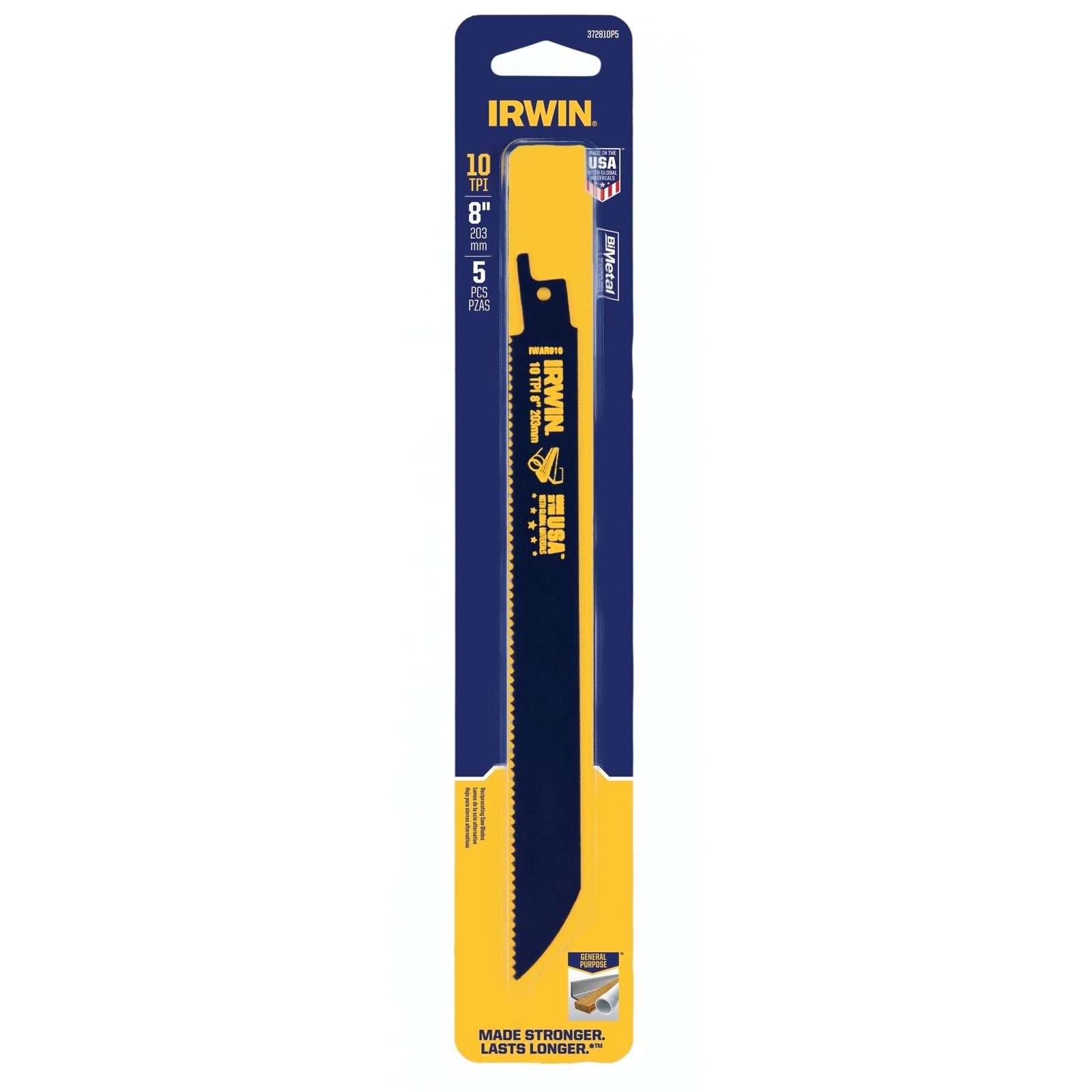 Irwin 8in 10TPI Bi-Metal General Purpose Cutting Reciprocating Saw Blade 5 Pack