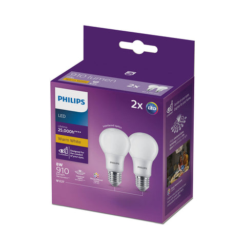 Philips A60 E27 LED Globe 910lm Warm White 8W - 2 Pack