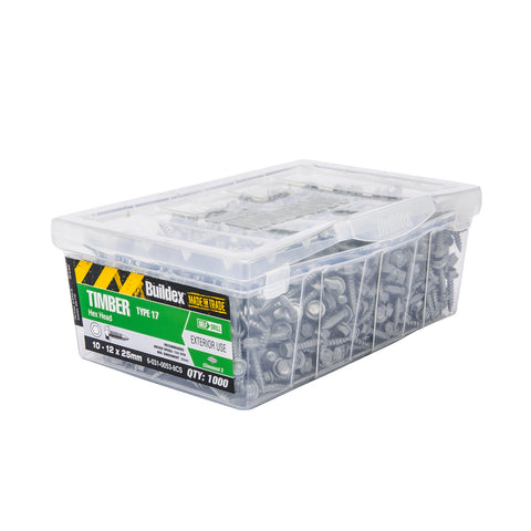 Buildex 10-12 x 25mm Climaseal Galvanised Hex Head Timber Screws - 1000 Pack