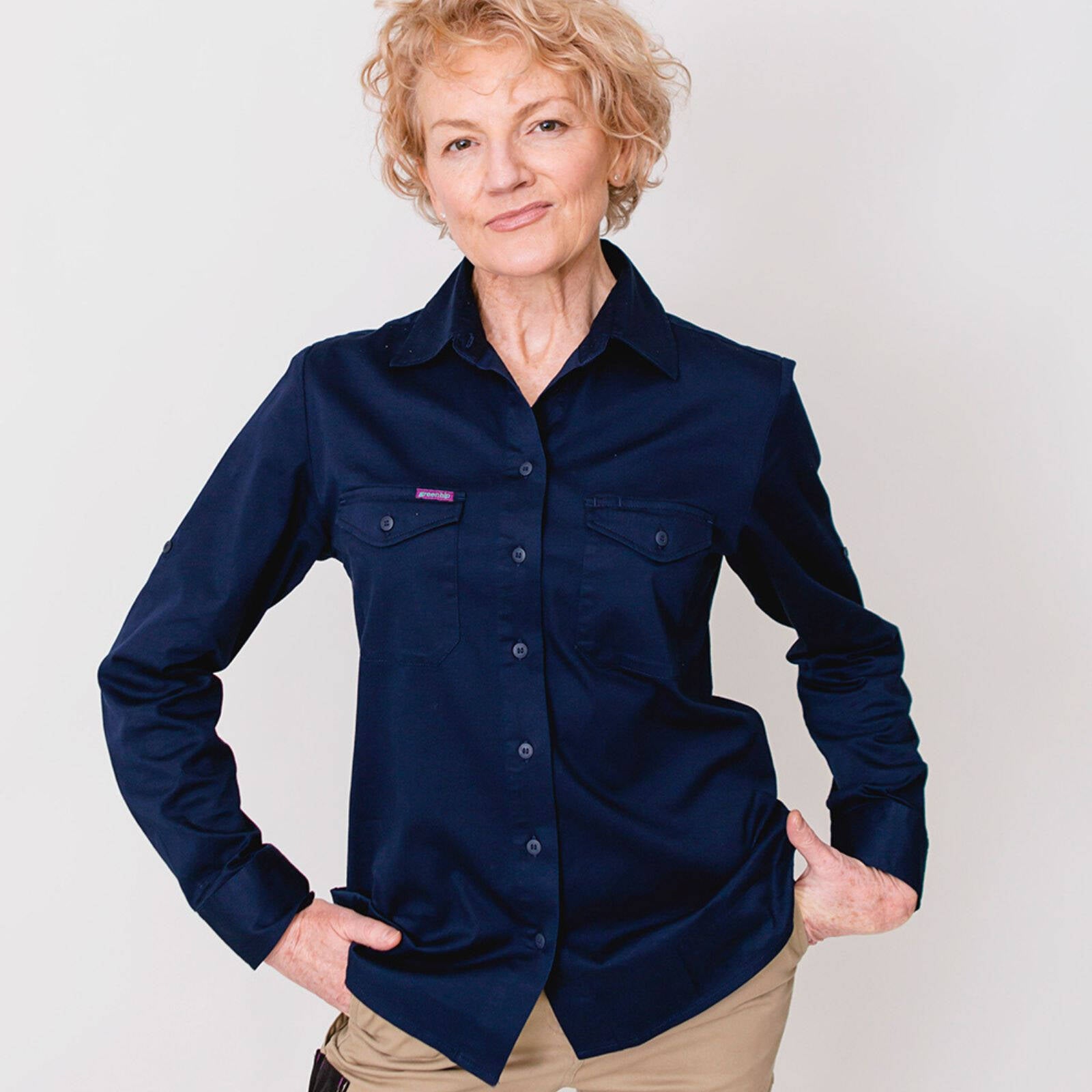 Green Hip Long Sleeve Women's Work Shirt Navy Blue Size 8