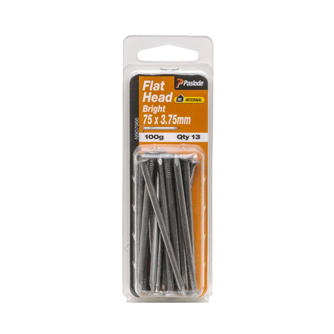 Paslode 75 x 3.75mm Bright Steel Flat Head Nails 100g - 13 Pack