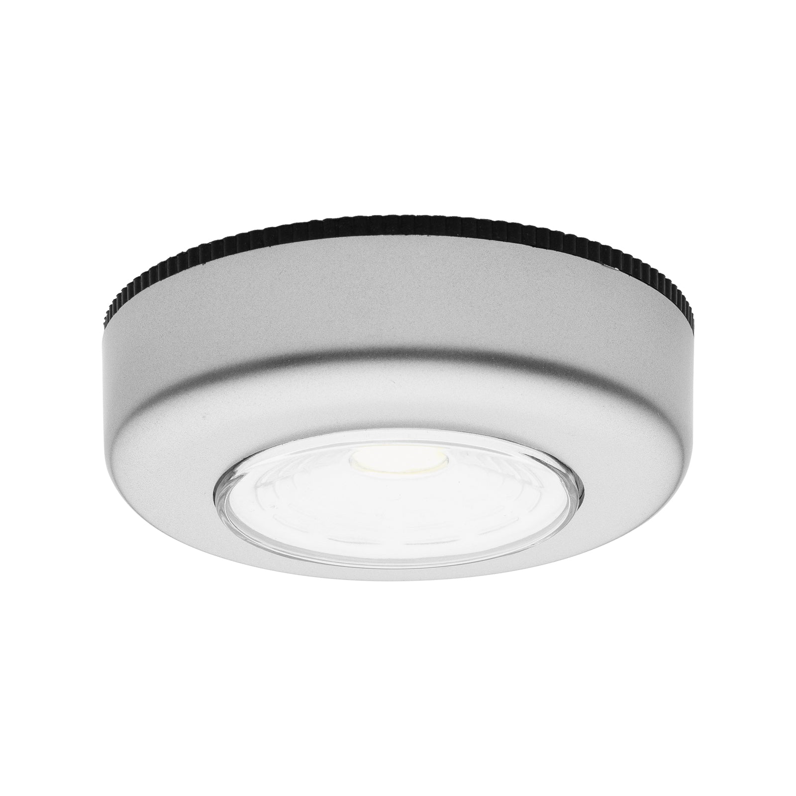 Click Silver LED Puck Lights 4 Pack, Cordless Push-On, Indoor, Self-Adhesive