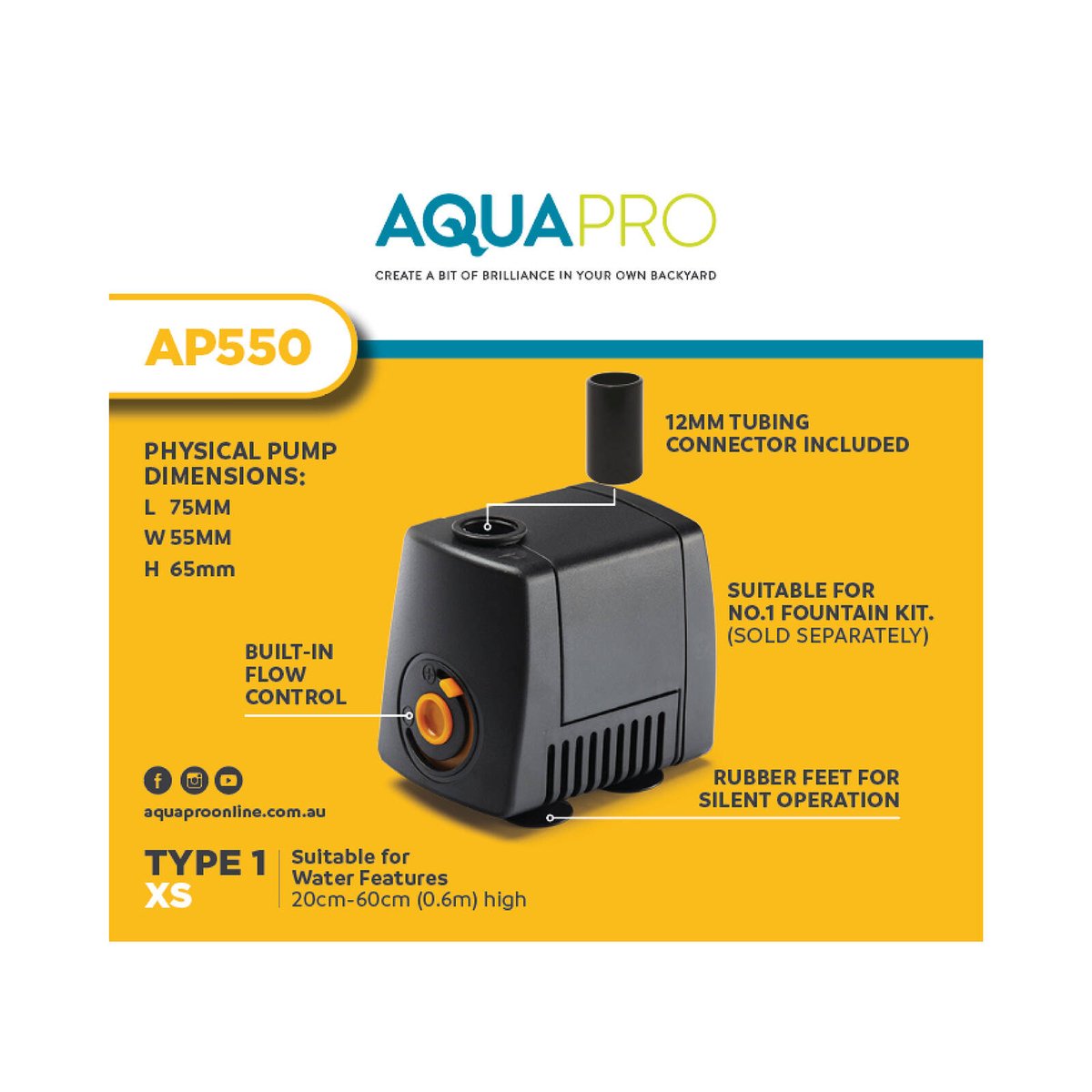 Aquapro Water Feature Pump - 550L/h - Compact - Indoor Use - SuperSaverAU - view 3