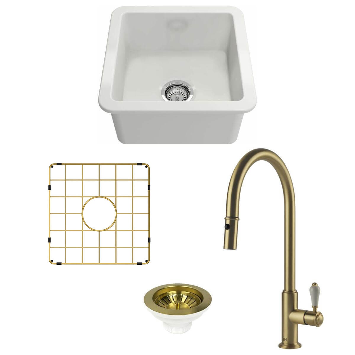Turner Hastings Cuisine 46 Butler Sink Pack - Brushed Brass Ludlow Pull Out Mixer Tap - 28L Bowl - PKG043