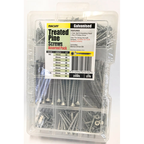 Macsim 270 Piece Assorted Treated Pine Screw Pack, Galvanised Countersunk, Plastic Storage Case