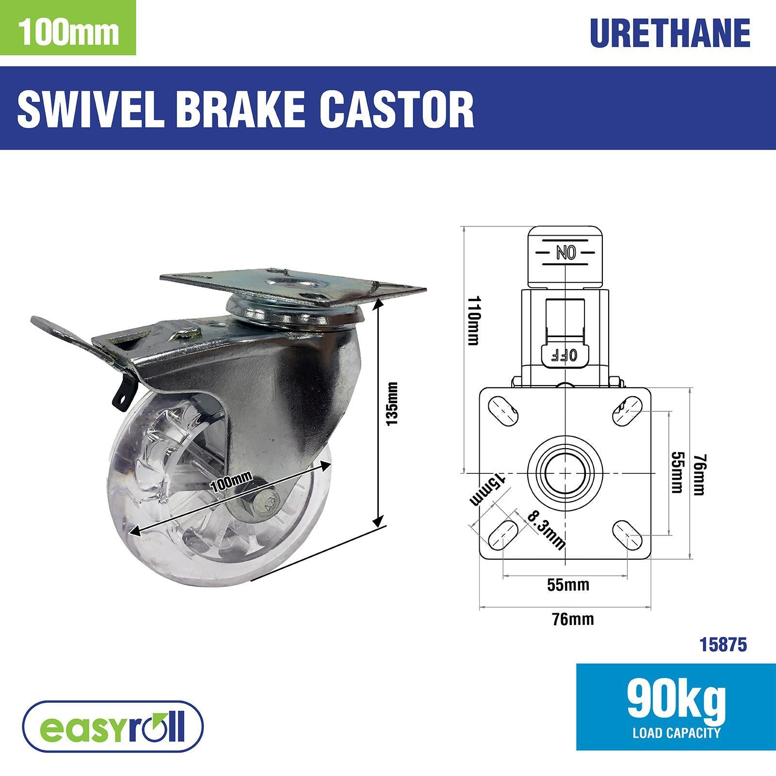 Easyroll 100mm Transparent Polyurethane Swivel Plate Brake Castor 90kg