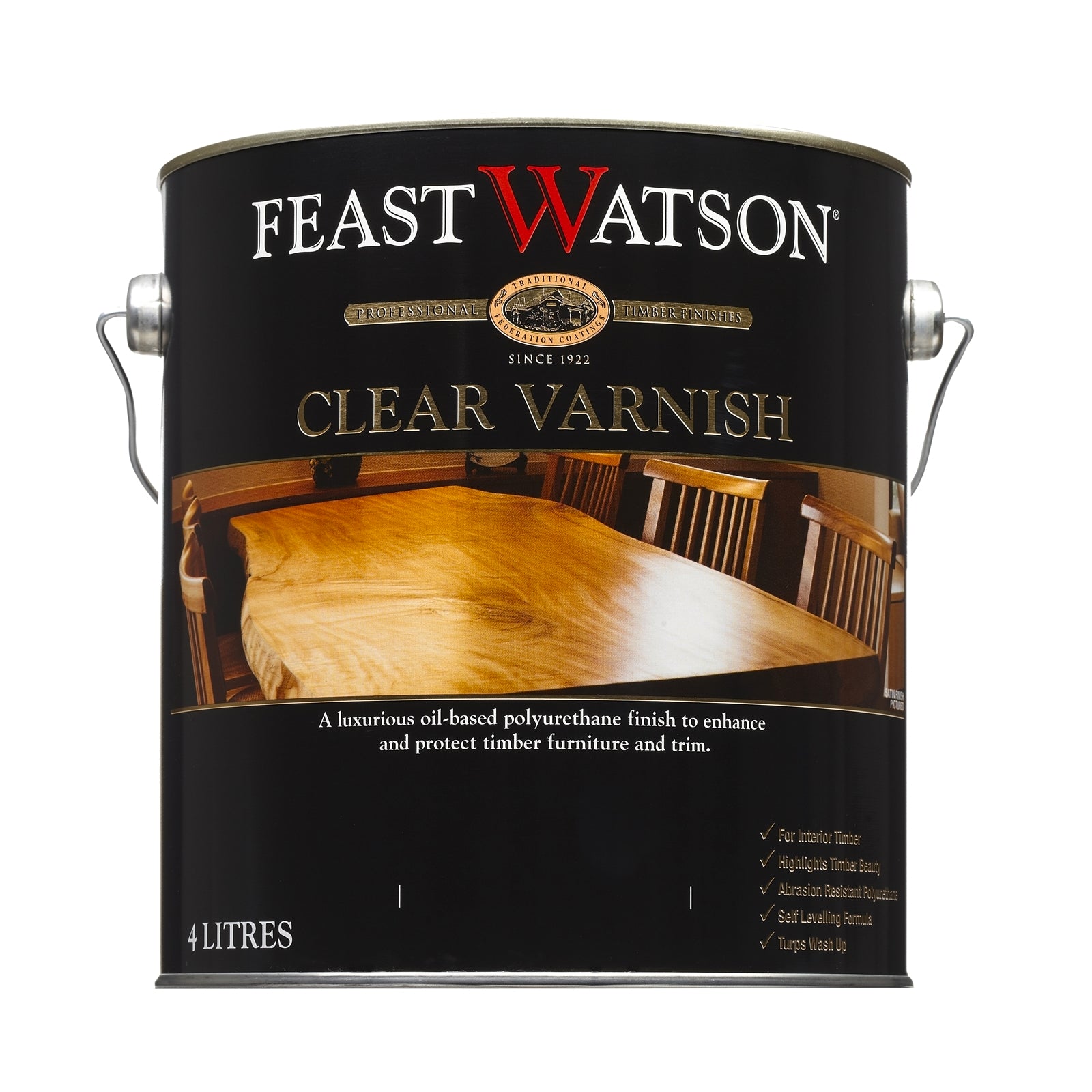 Feast Watson Clear Varnish 4L Oil-Based Satin UV-Resistant Waterproof Interior Timber