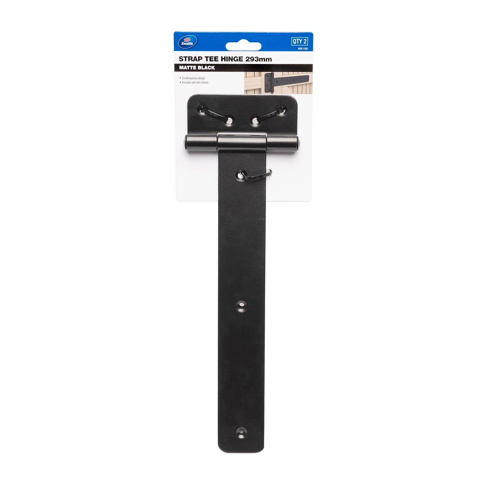 Zenith 293mm Matte Black Steel Strap Tee Hinge - 2 Pack
