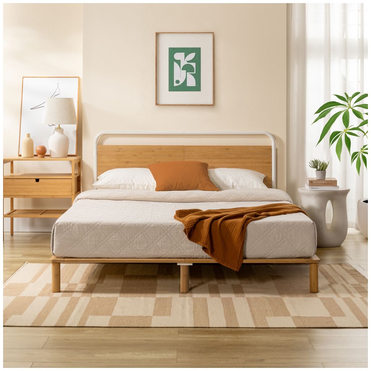 Zinus Double Bamboo Bed Frame - Natural Bamboo, Powder-Coated Steel, Curved Pipe Headboard - AU-FPWNH9ZC-08D