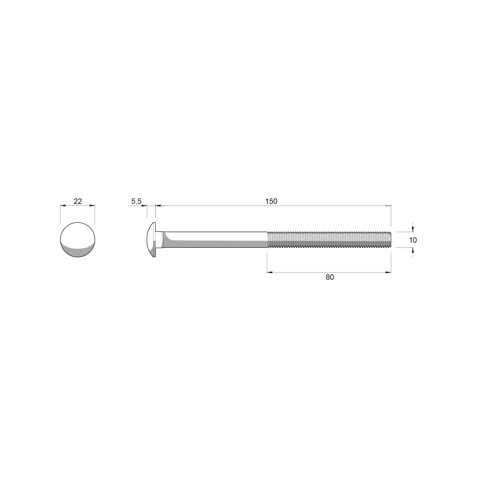 Zenith M10 x 150mm Zinc Plated Cup Head Bolt and Nut - Each