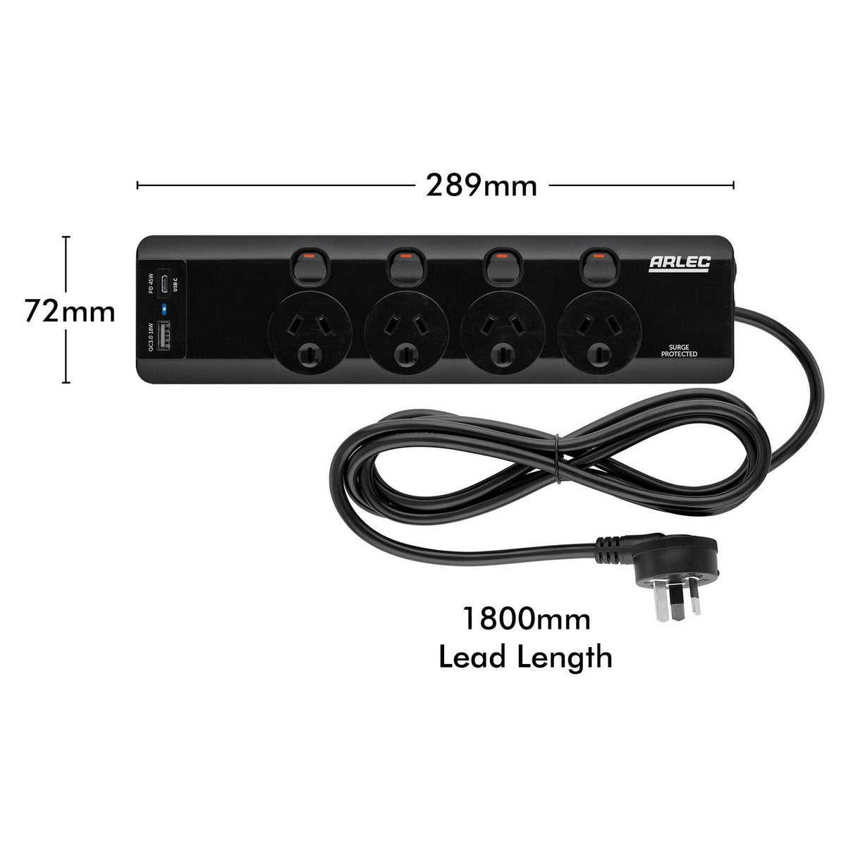 Arlec 4 Outlet Individually Switched Surge Powerboard with PD45W USB-A & USB-C PB46-BKU