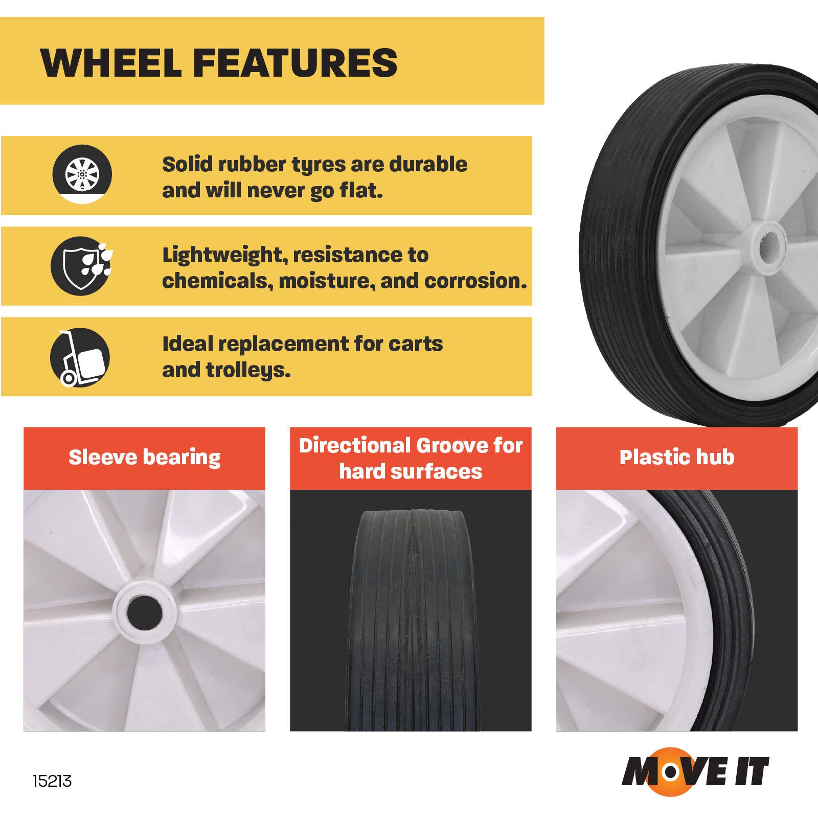 Move It 150mm Black Rubber Tyre with White Plastic Centre, Solid, 50kg Load