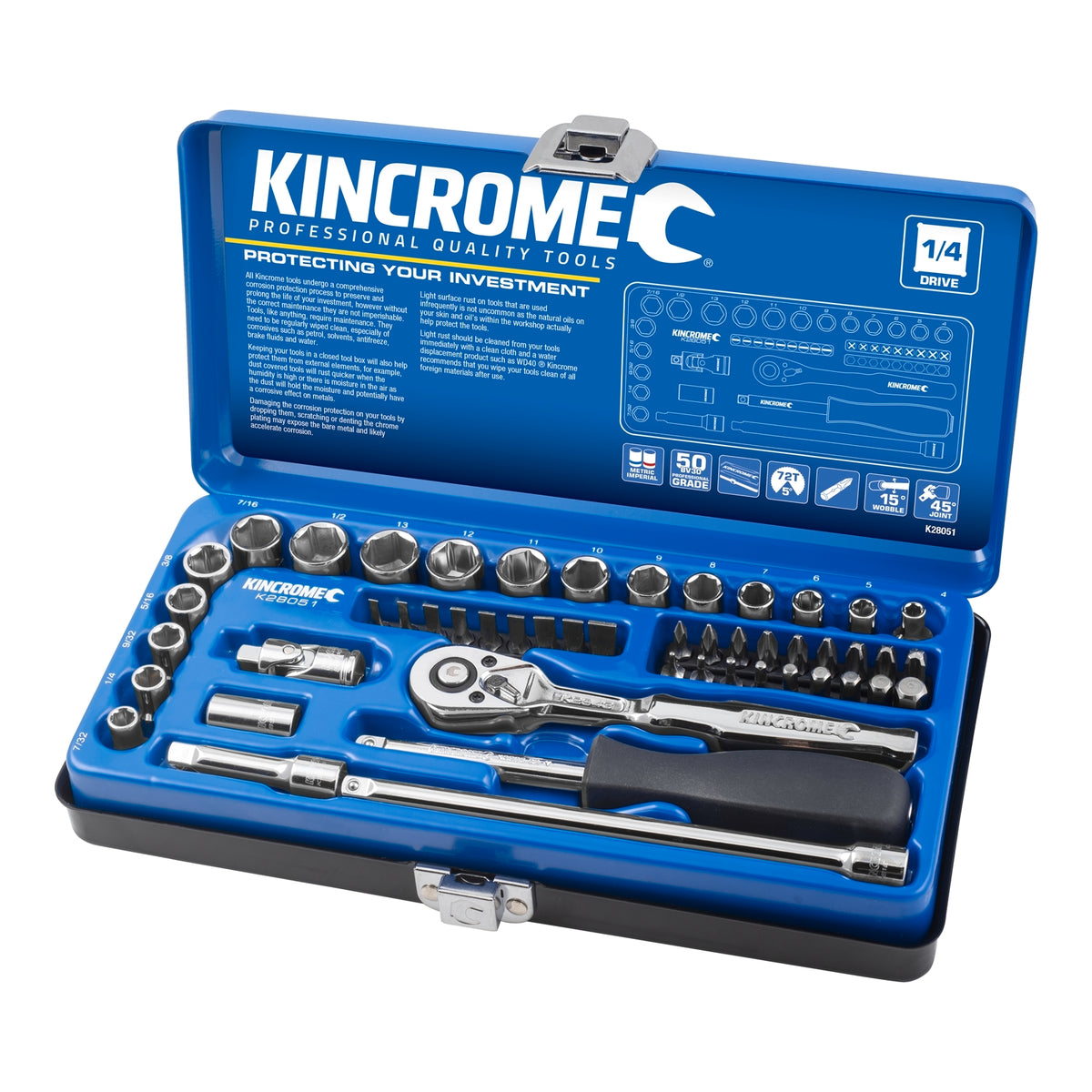 Kincrome 50 Piece 1/4" Drive CRV Metric and Imperial Socket Set Ratcheting