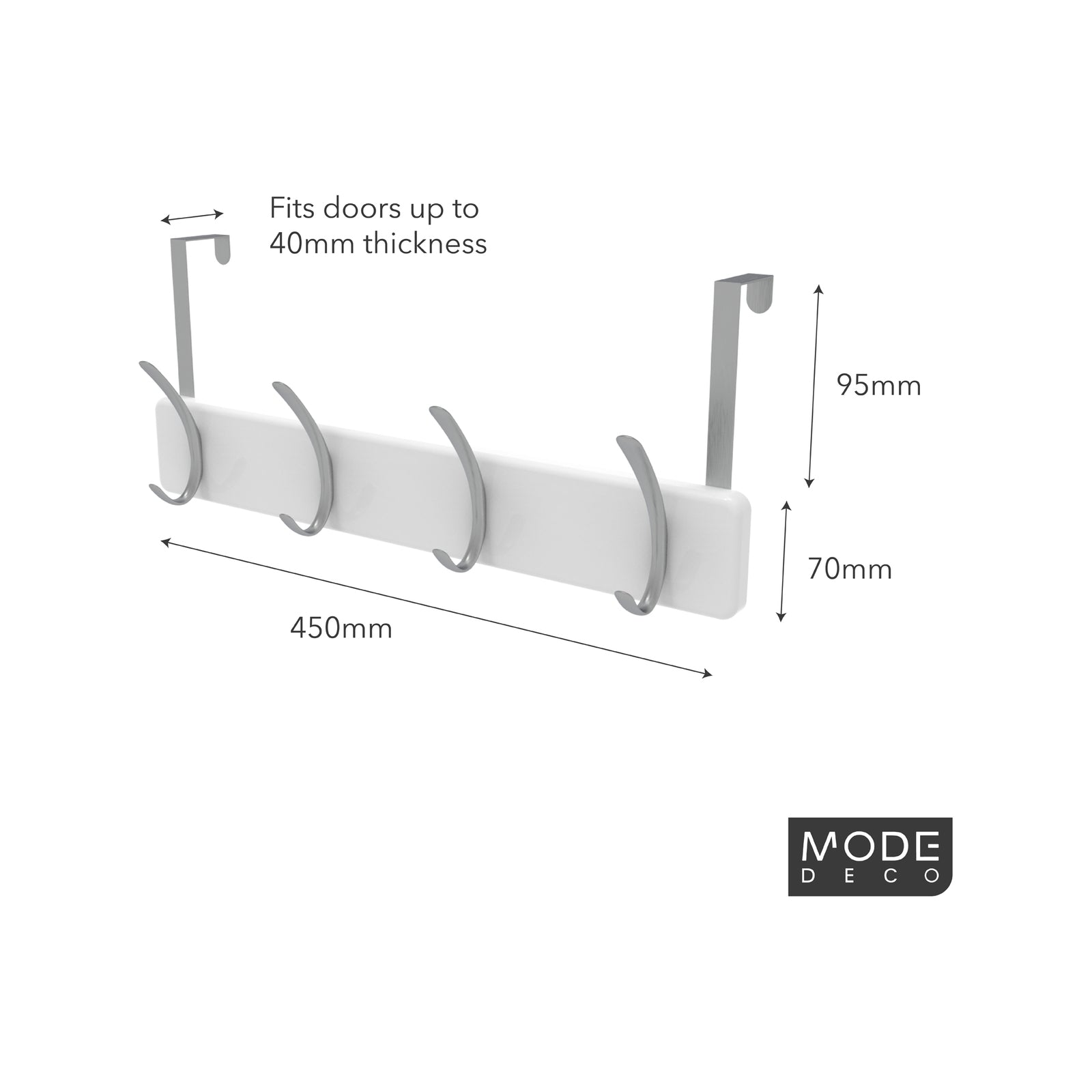 MODE 450 x 70 x 45mm White Over-Door Hanger with 4 Brushed Nickel Hooks