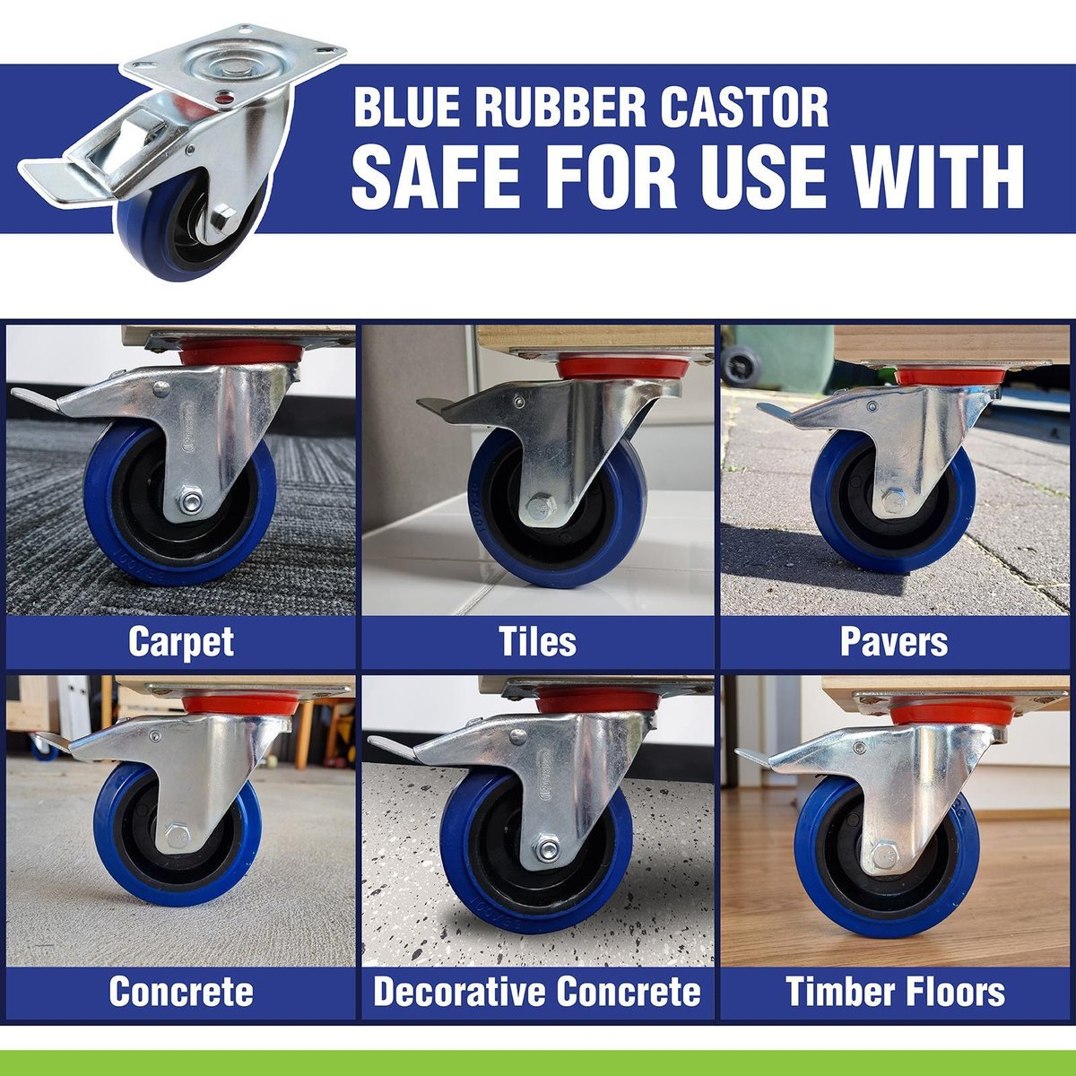 Easyroll 75mm Blue Rubber Fixed Castor 90kg Load Indoor Outdoor
