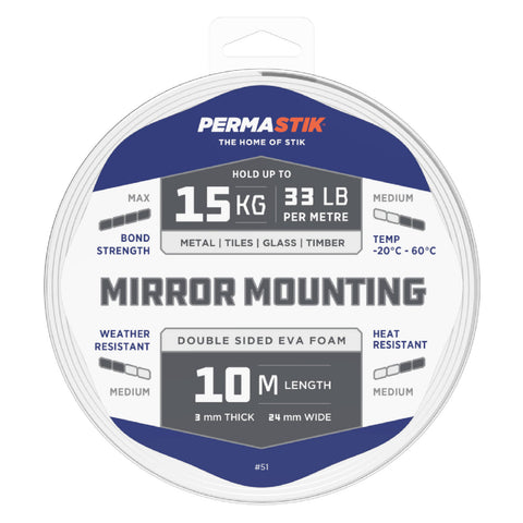Permastik 10m x 24mm White Double-Sided Foam Mirror Mounting Tape