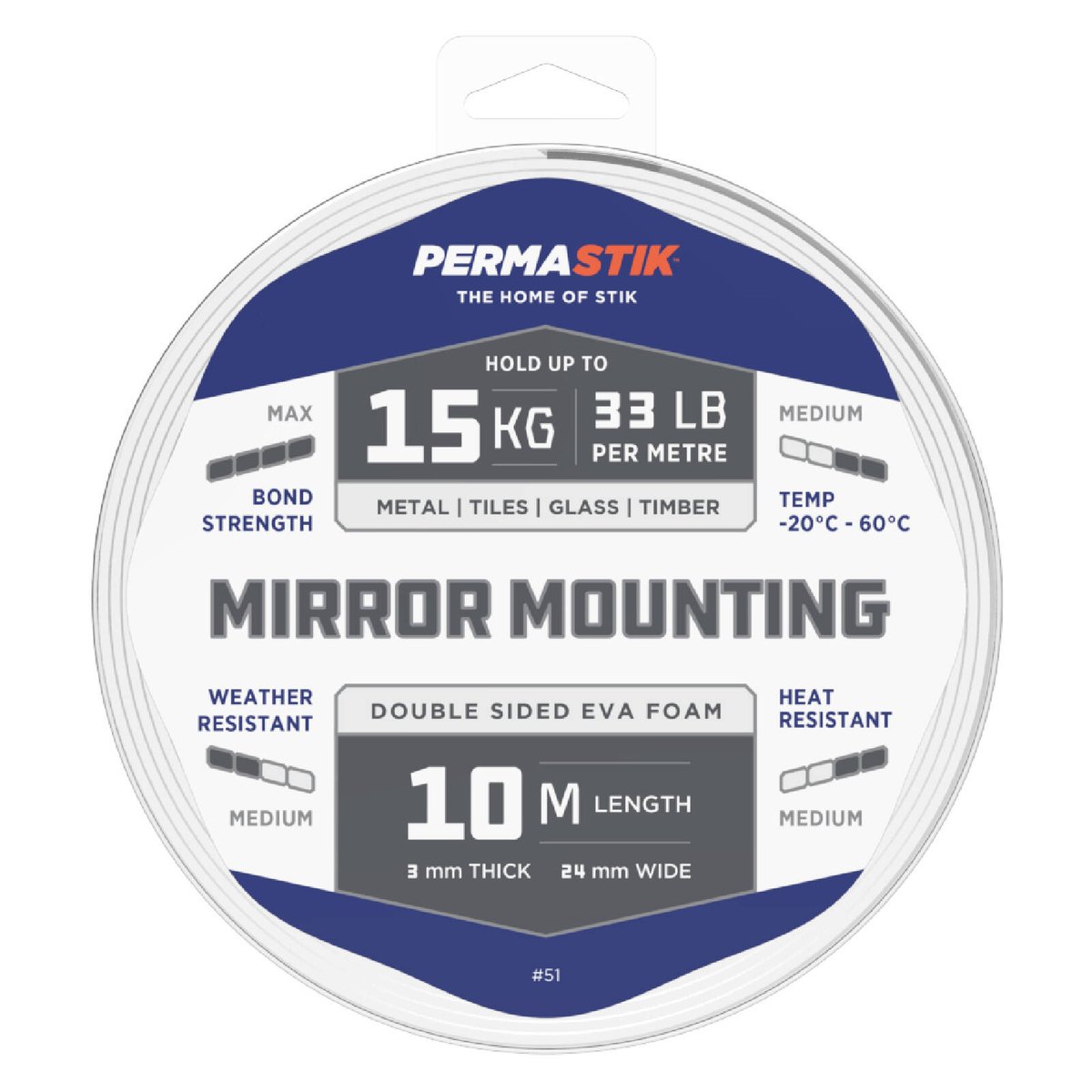 Permastik 10m x 24mm White Double-Sided Foam Mirror Mounting Tape