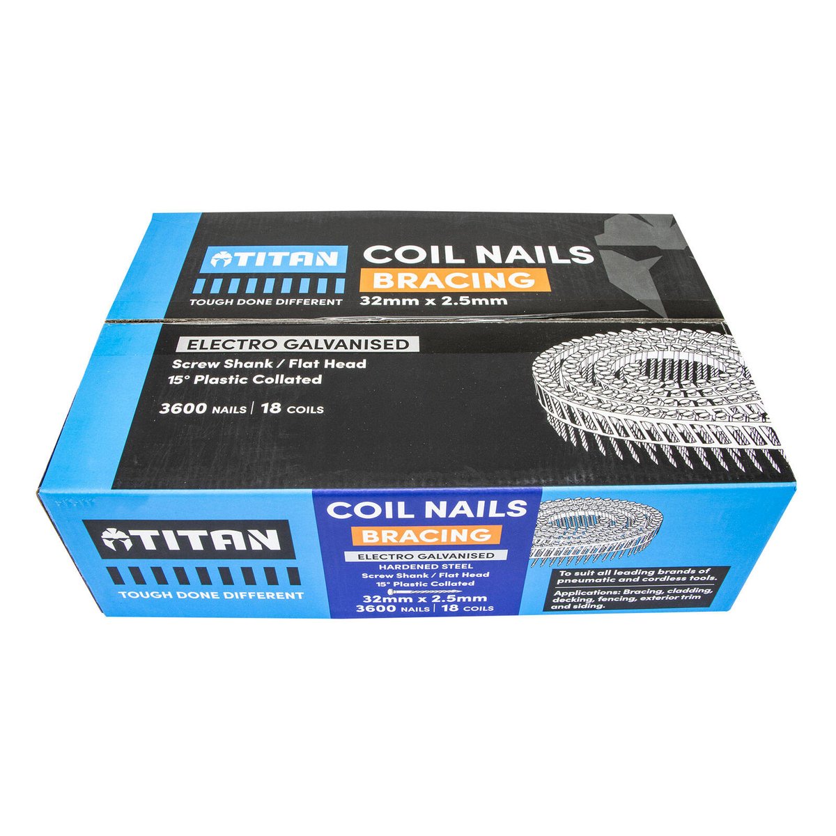 Titan 32 x 2.5mm Hardened Electro Galvanised Collated Coil Nail Screw - 3600 Pack