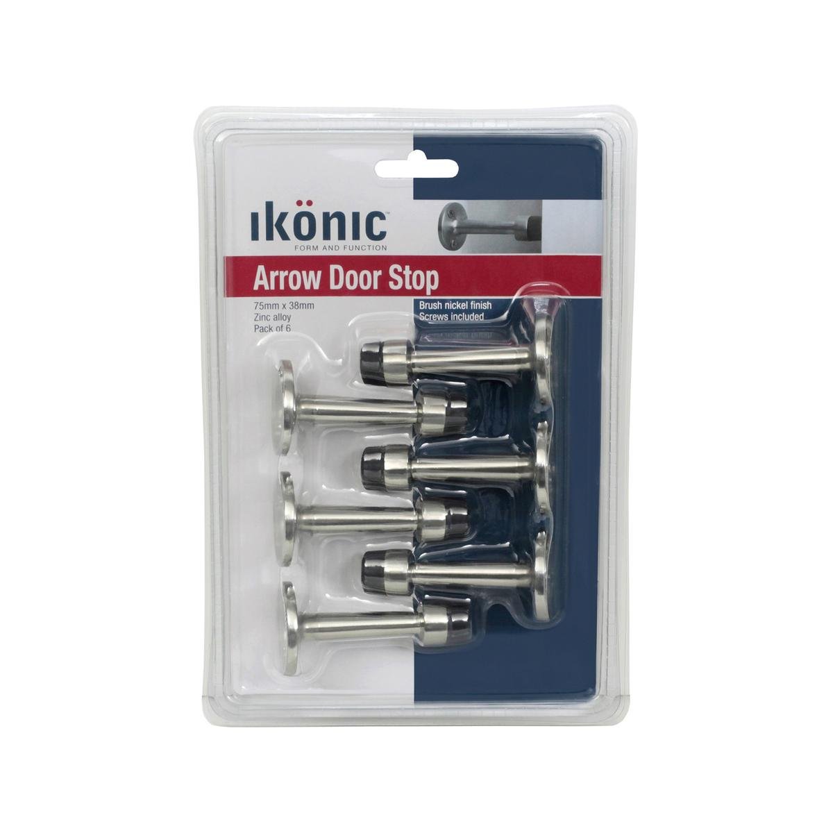 Ikonic 6 Piece Brushed Nickel Zinc Alloy 75mm Arrow Door Stop Set