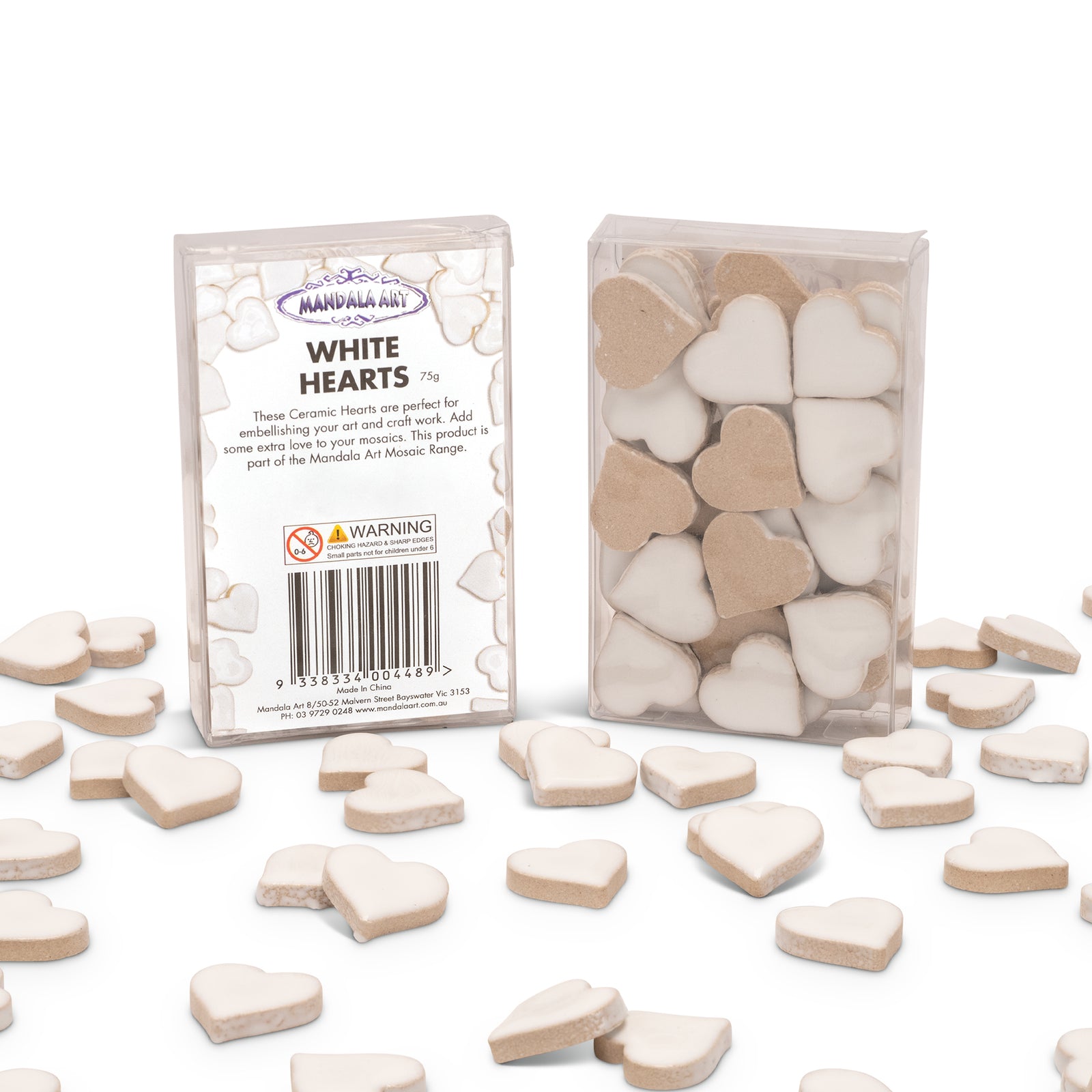 Mandala Art White Ceramic Hearts 19 x 18mm Glazed Mosaic Craft 10 Pack