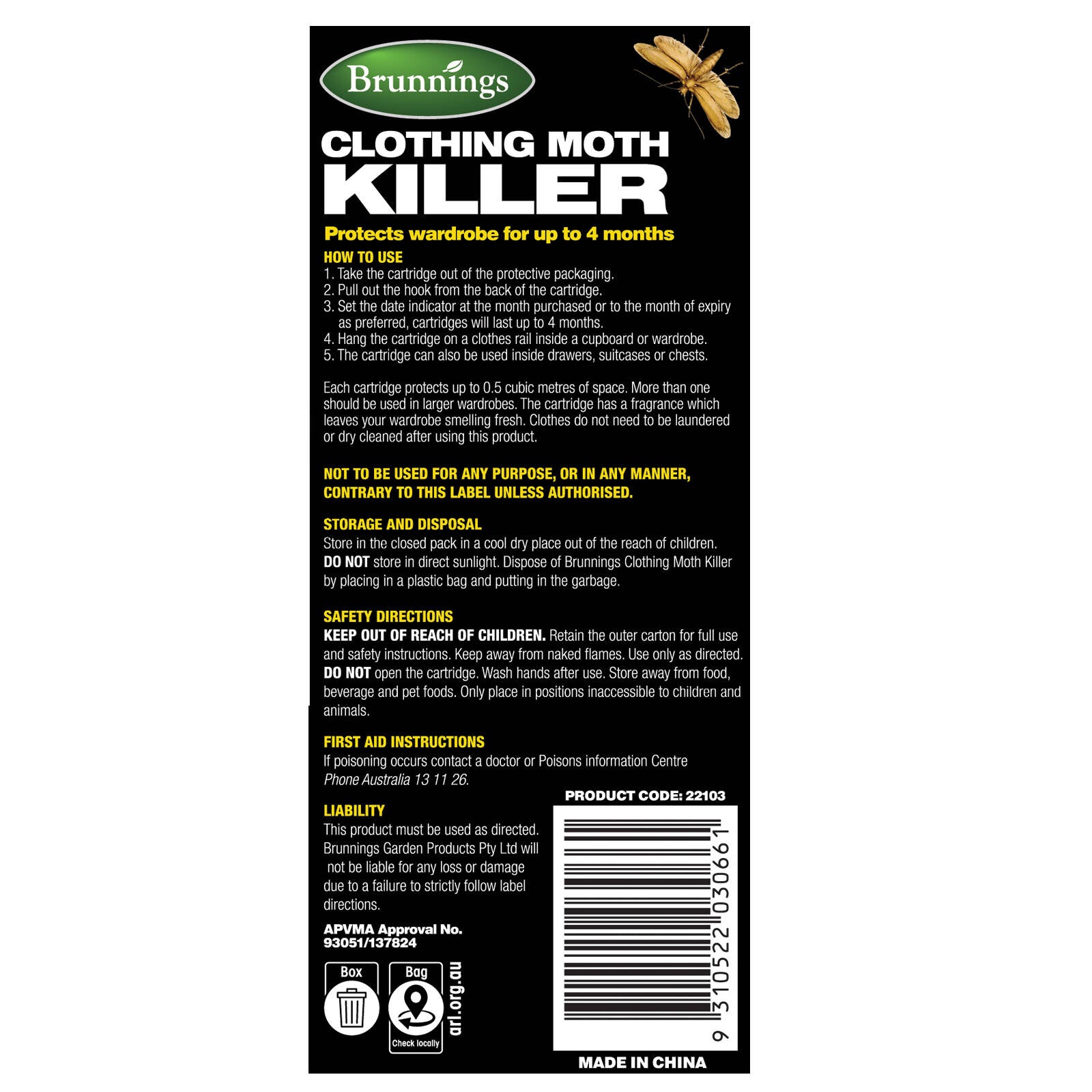 Brunnings Citrus Scented Clothing Moth Killer - 2 Pack