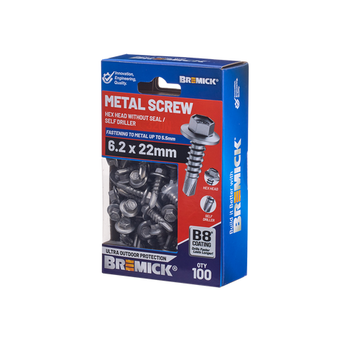 Bremick Metal Hex Screw 6.2 x 22mm - Box of 100 - Self-Drilling - Corrosion Resistant - SuperSaverAU - view 1