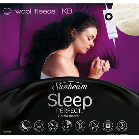 Sunbeam Sleep Perfect Wool Fleece Heated Blanket - 6 Heat Settings, Cosy Feet, 5 Minute Heat-Up - BL5681