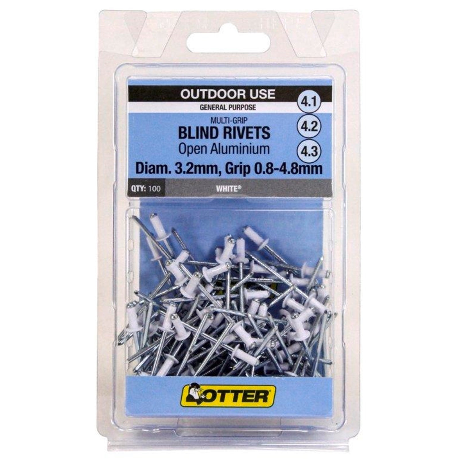 Otter White 3.2 x 0.8-4.8mm Multi-Grip Open Aluminium Blind Rivets 100 Pack