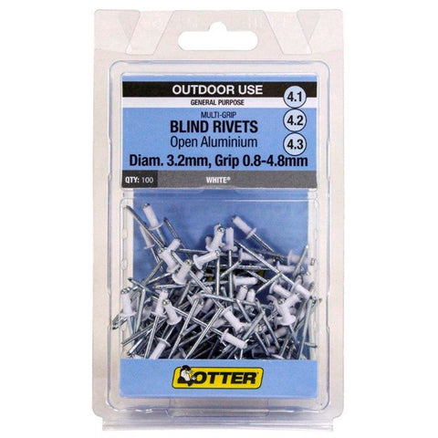 Otter White 3.2 x 0.8-4.8mm Multi-Grip Open Aluminium Blind Rivets 100 Pack