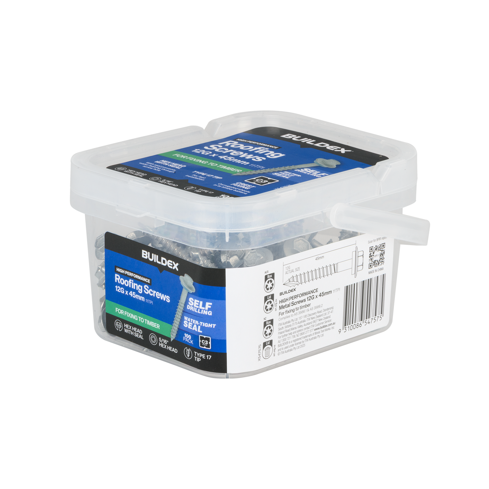 Buildex 12G x 45mm Class 3 Roofing Screws with Seal, Type 17 Hex Head - 100 Pack