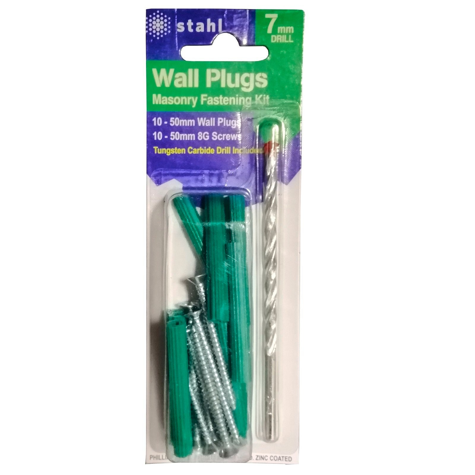 STAHL 7mm Masonry Drill Bit and 50mm Green Wall Plugs DIY Kit