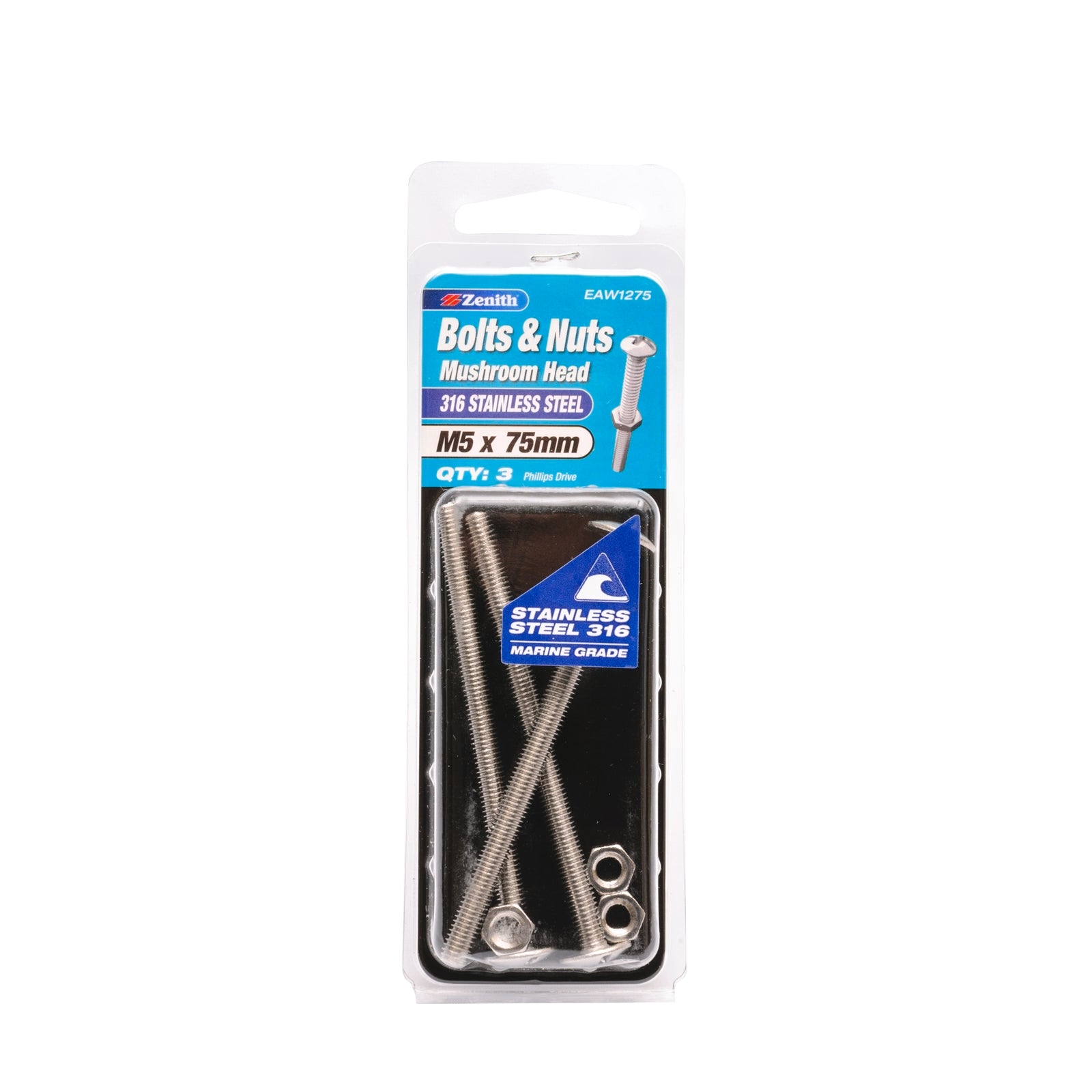 Zenith M5 x 75mm 316 Stainless Steel Mushroom Head Bolt and Nut 3 Pack