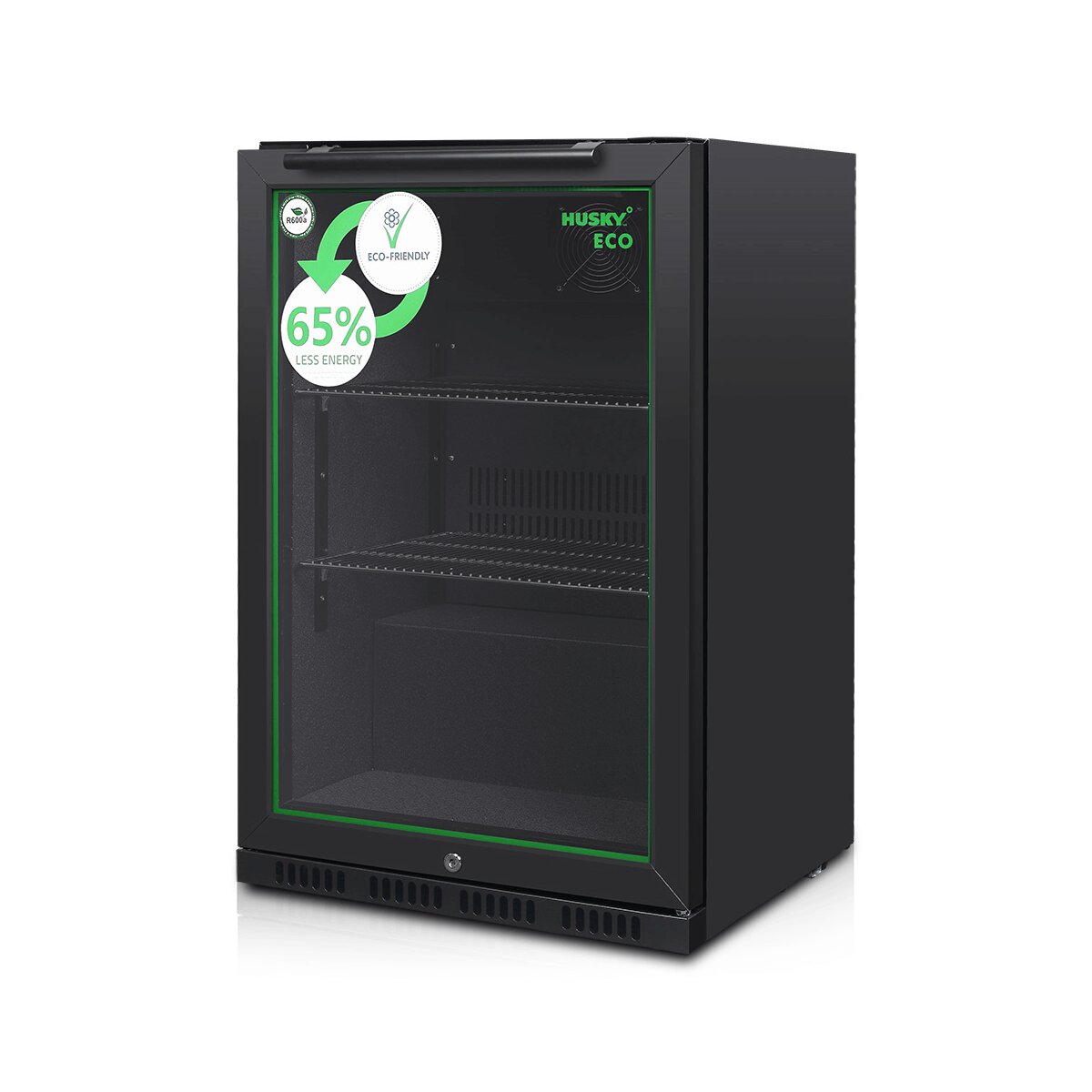 Husky 90L single door homebar drinks chiller - black, glass door, LED eco-lighting - C1HECO840BKAU