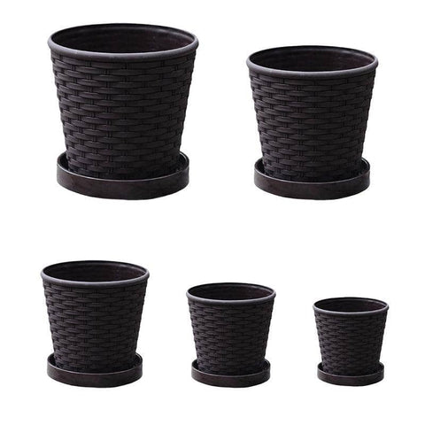 Bamboo Flower Pot Set, 5 Pack - Indoor Round Planters with Trays, Brown