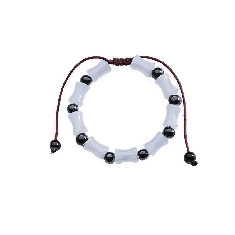 Bamboo Shape Natural Stone Bead Bracelet, Adjustable - Light Grey with Black Beads