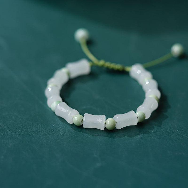 Bamboo Shape Natural Stone Bead Bracelet, Adjustable - Light Grey with Black Beads - view 4