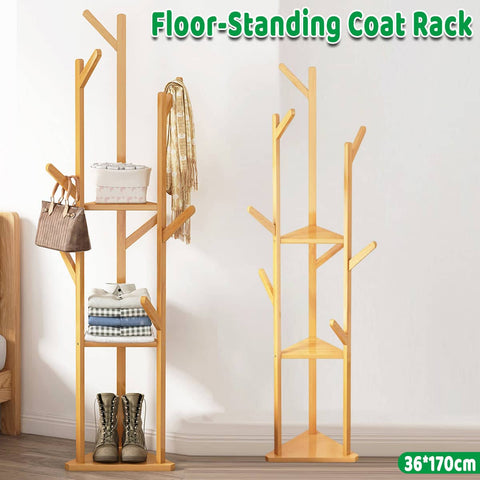 Bamboo Triangular Floor Standing Coat Rack with Hooks, Space Saving