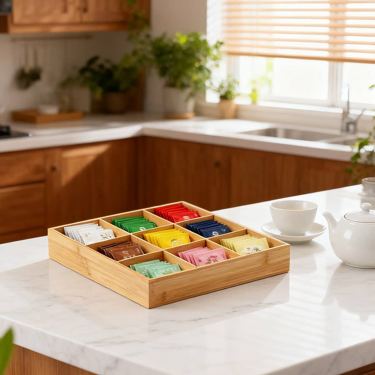 Bamboo Wood 9 Grid Food Plate Serving Tray for Hotel BBQ Hot Pot Home Party - 33 cm - view 5