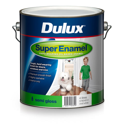 Dulux Super Enamel Semi Gloss Oil Based Paint 4L Vivid White, Interior, Tintable