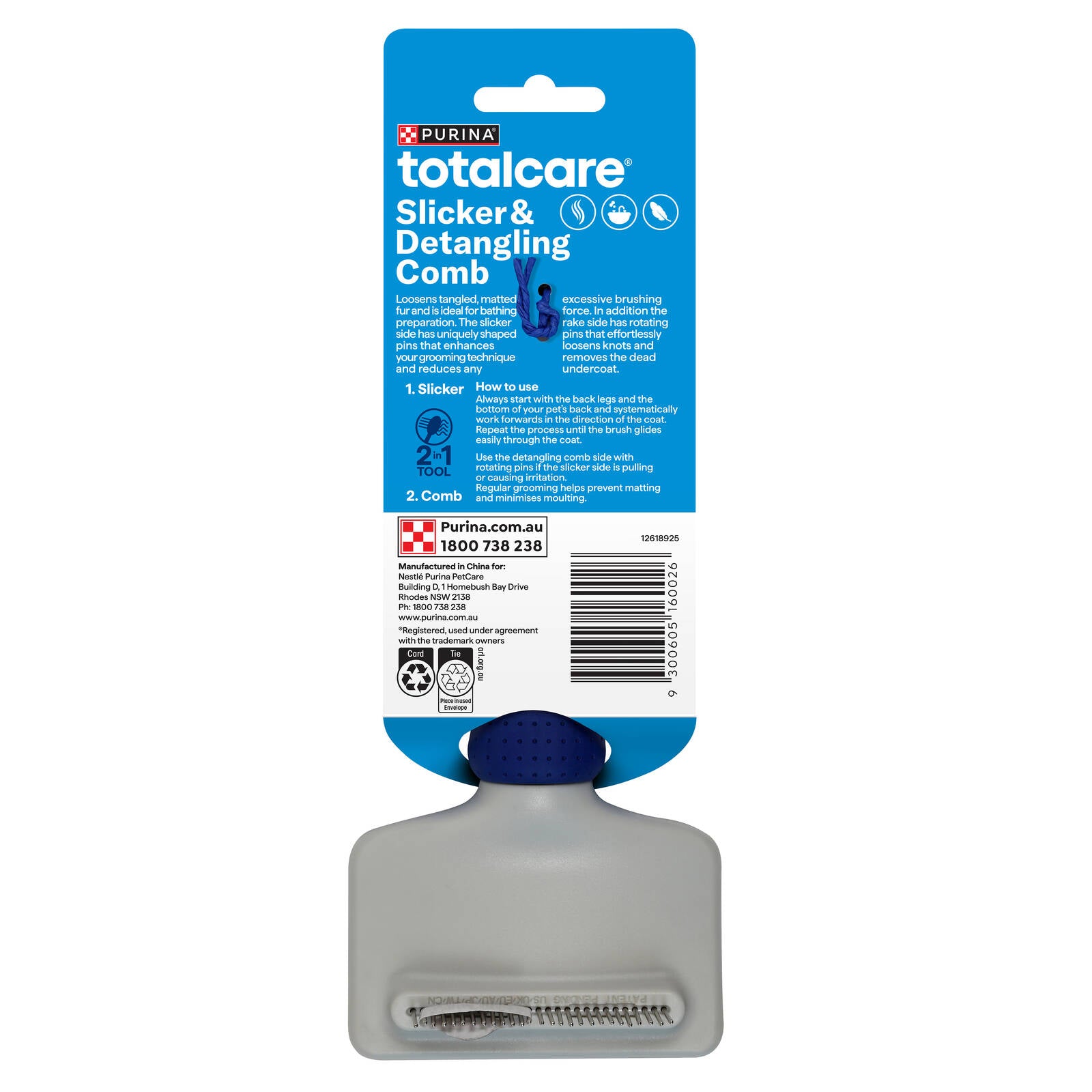 Purina Totalcare 2 in 1 Slicker Comb - 90mm x 251mm - Loosens Tangled Fur