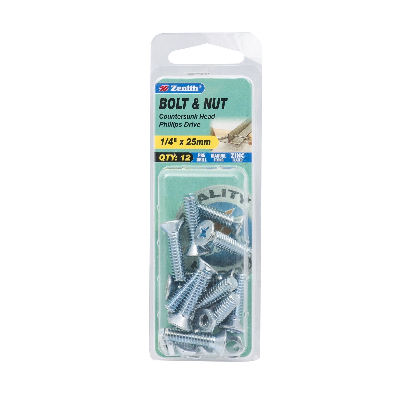 Zenith 1/4" x 25mm Zinc Plated Countersunk Head Bolt and Nut - 12 Pack